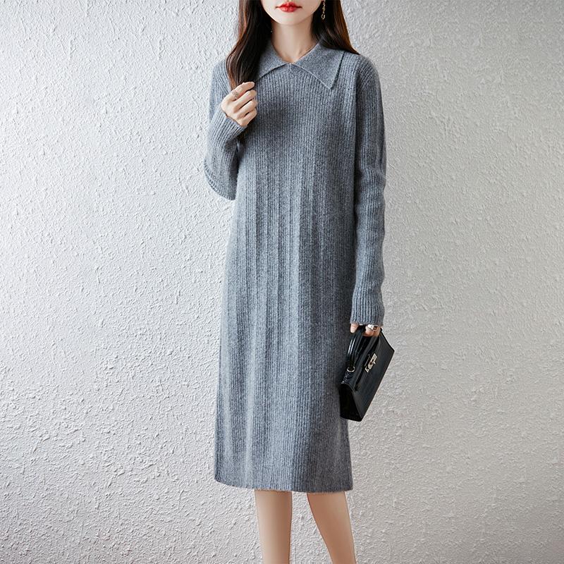 Women Sweater Dress 100% Wool MODERN NEW SAGA Turn-down Collar Knit Long Pullover Winter Jumpers Wool Long Dress Female