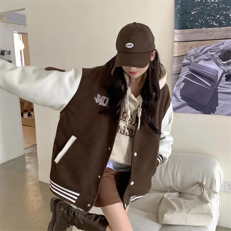 

Осенне-зимние модные куртки-бомберы для женщин, уличная одежда, бейсбольная форма, пальто больших размеров, свободные студенческие куртки и пальто L кофейный