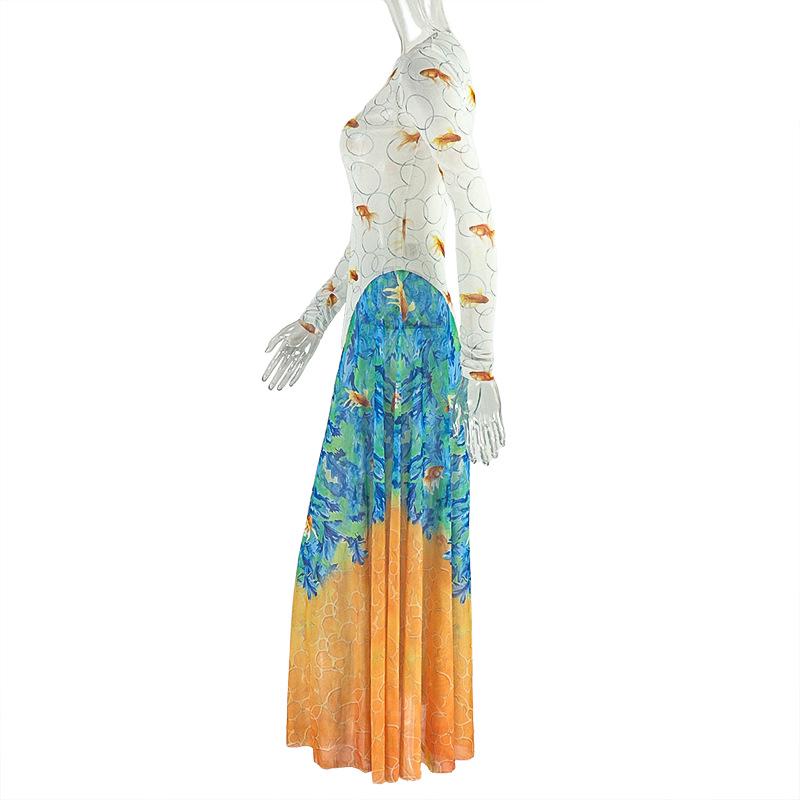 European/US Summer Fashion Printed A-line Skirt Round Neck Waist-Cinching Long Sleeve Dress