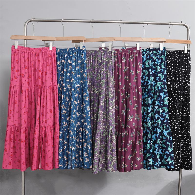 2025 Summer Floral Cotton-Silk Midi Skirt: Slimming, Thin Rayon Cardigan, Long Cake Skirt for Women.