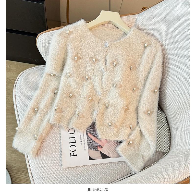 Осень Зима Женский Сладкий С бисером Мягкий Пушистый Мохер Вязаный Свитер Рождественский Короткий Кардиган Топы One Size хаки