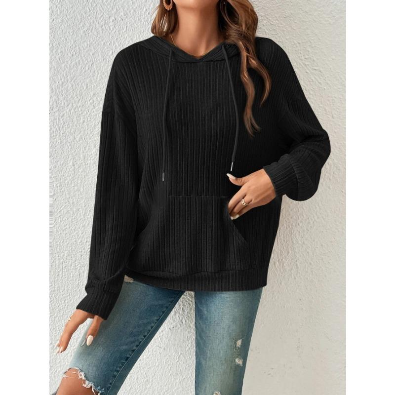 Women S Ribbed Hooded Sweatshirt Long Sleeve Loose Fit With Kangaroo Pocket