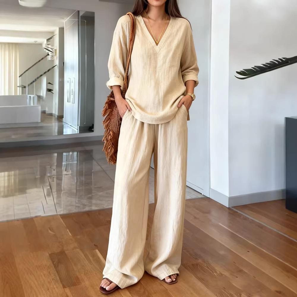 Women's Relaxed Long Sleeve Two Piece Matching Set Commuter V Neck T Shirt Wide Leg Pants Linen Co Ord