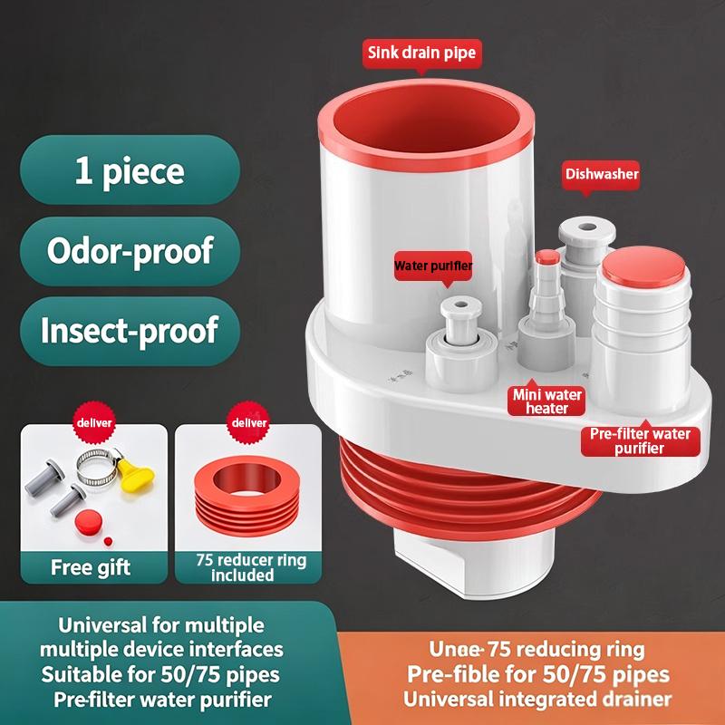 Kitchen Pipe Drainpipe Connector Five-in-One Dishwasher Sink Sewer Odor-Proof Insec Joint Water Purifier Front Filter Connector