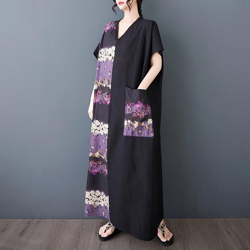 Short Sleeve Plus Size Cotton Vintage Floral New In Dresses for Women Casual Loose Maxi Long Summer Dress