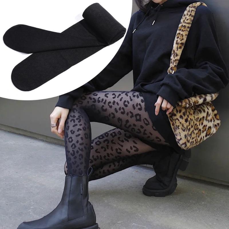 

Punk Winter Black Leopard Pantyhose Thick Thermal Gothic Style Sexy High Waist Slimming Elastic Fabric Plush Lined Opaque Warm One Size