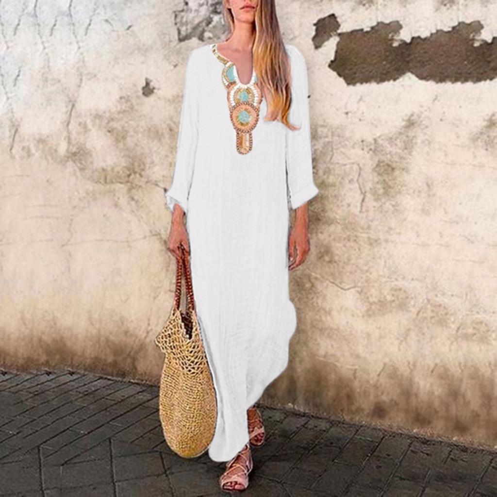 Women’s Printed Long Sleeve U-neck Maxi Dress Split Hem Baggy Kaftan Long Dress