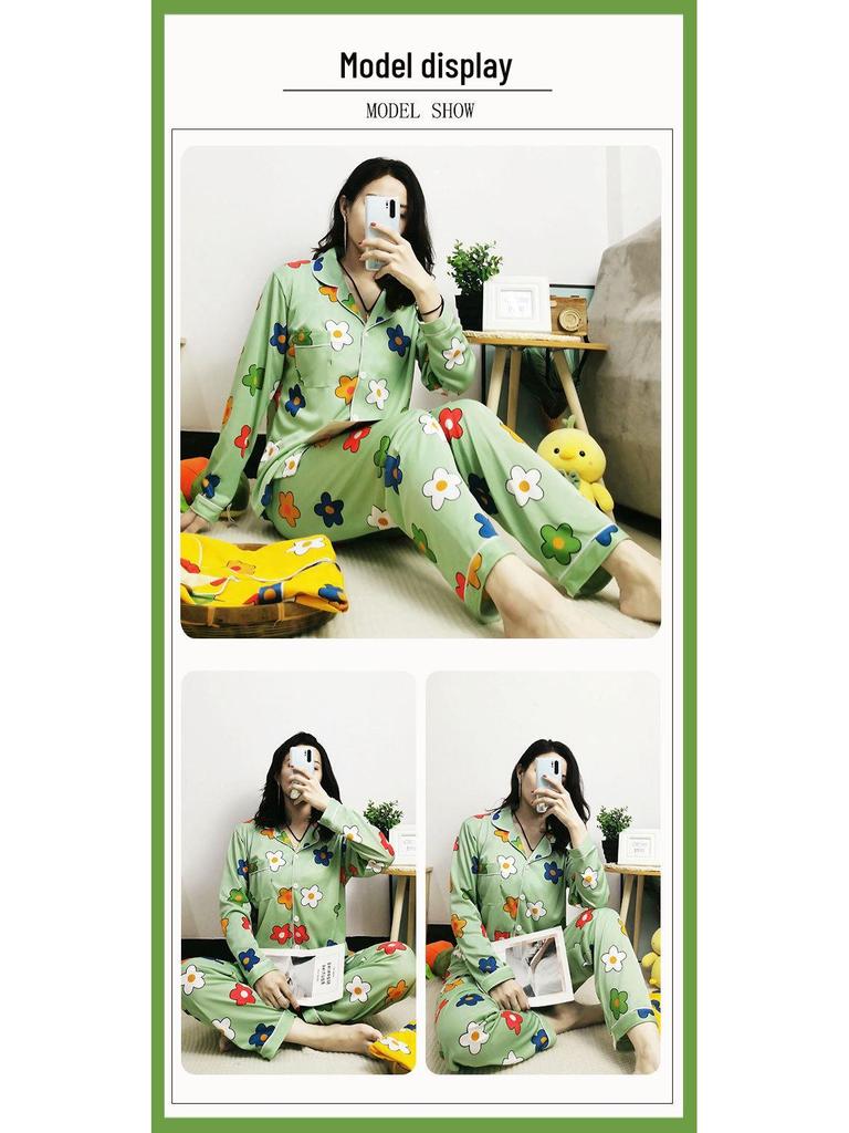 Middle-Aged Mom Long Sleeve Pajamas - Green Plant Series Cardigan, Loose Plus Size Home Set for Women, Spring/Autumn.