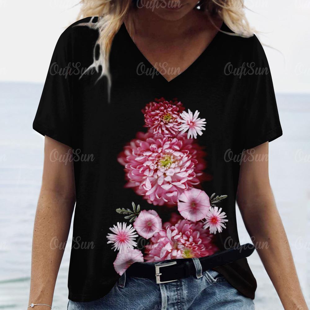 2024 Women T Shirt Summer Floral T-Shirt Plus Size Women's Clothing Oversized Designer Short Sleeve Shirt Women V Neck Blouse