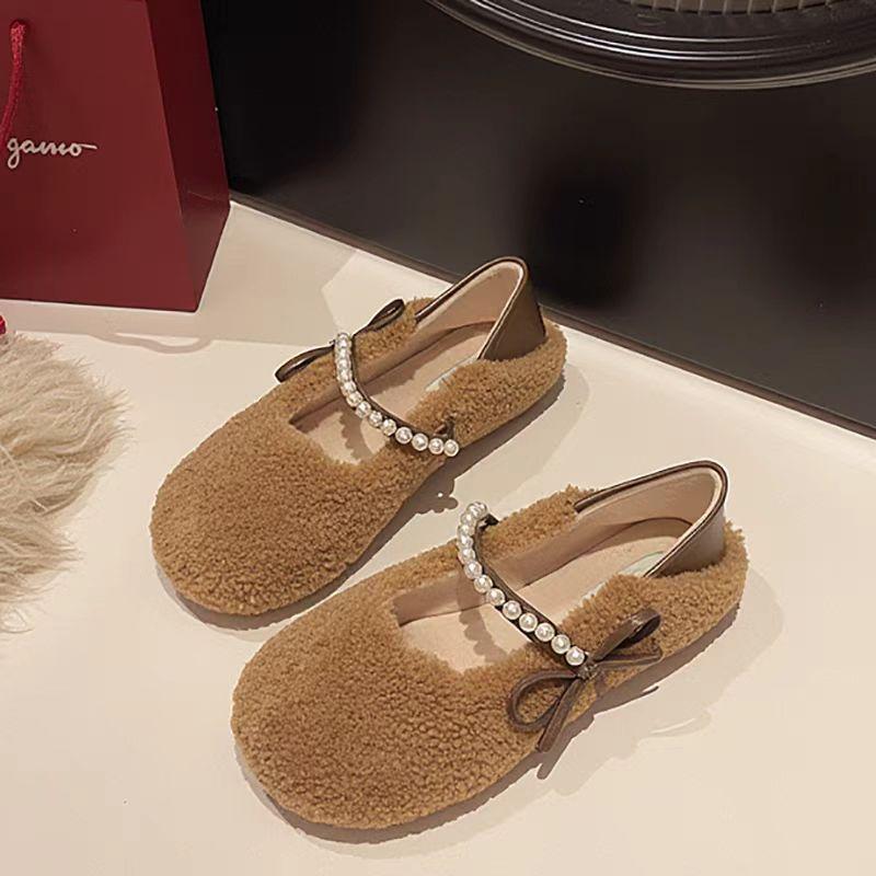 Women s Fleece-lined Flat Furry Loafers AutumnWinter Slip-on Mary Jane Bean Cotton Shoes 40 2736₽