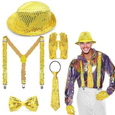 5 st/set 80-tal 90-tal Discoaccessoarer för Män Kvinnor Paljetthatt Sele Bälte Handskar Fluga Slips Diskokostymset för Karneval Maskerad Halloween