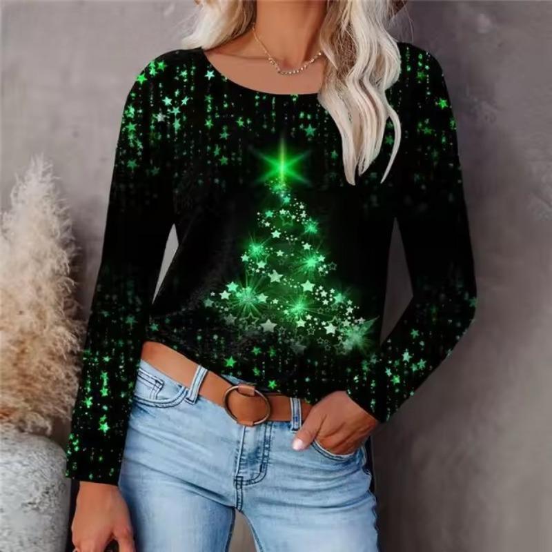 Digital Printed Christmas Women's Sportswear Round Neck Long Sleeved Loose Casual Christmas Tree T-Shirts