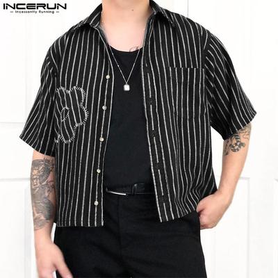 Oversized Summer Men Lapel Neck Short Sleeve Floral Striped Casual Short Shirts