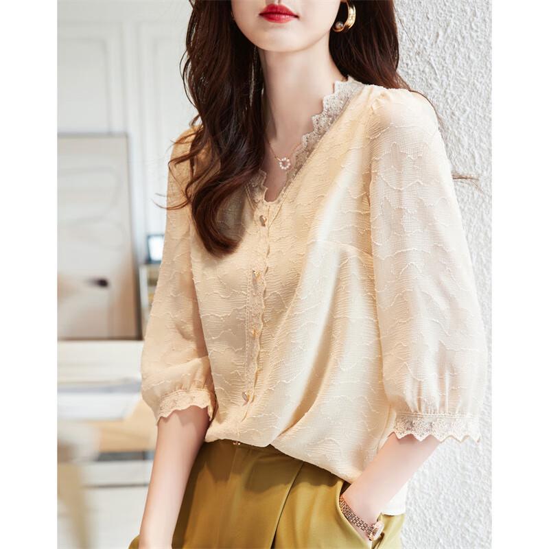 DME French Style V-Neck Seven-Point Sleeve Lace Jacquard Shirt