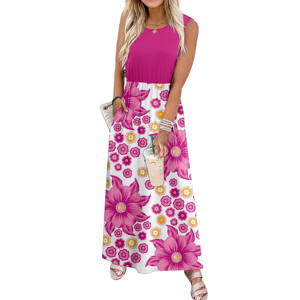 Ladies' Floral Print Casual And Fashionable Waist Cinched Sleeveless Dress