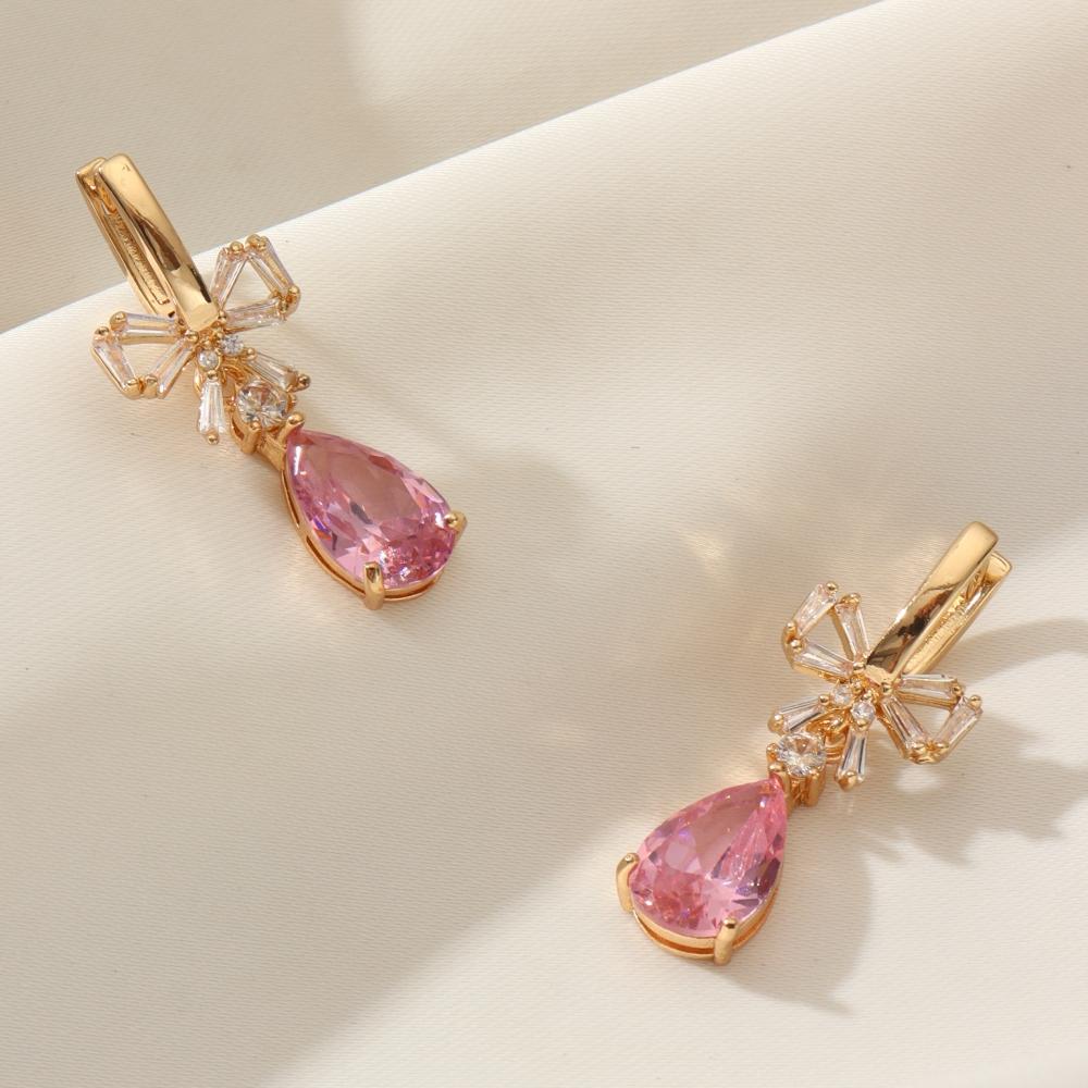 Golden Plated Copper Pink Teardrop Zirconia Drop Earrings for Women