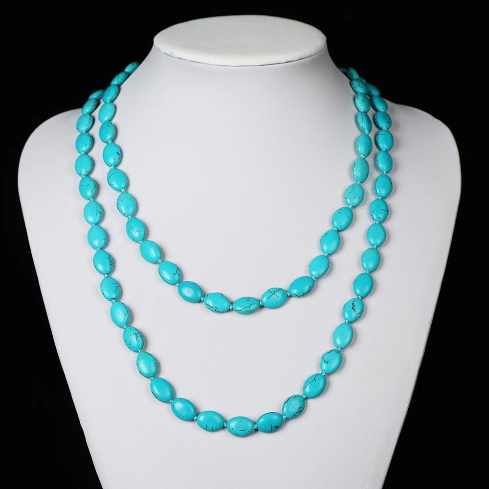 Original Design 47 Inch Hand-Knotted Turquoise Long Necklace, Bohemian Chic Layering Statement Piece, Y2K Revival Ethnic Handmade Jewelry Gift