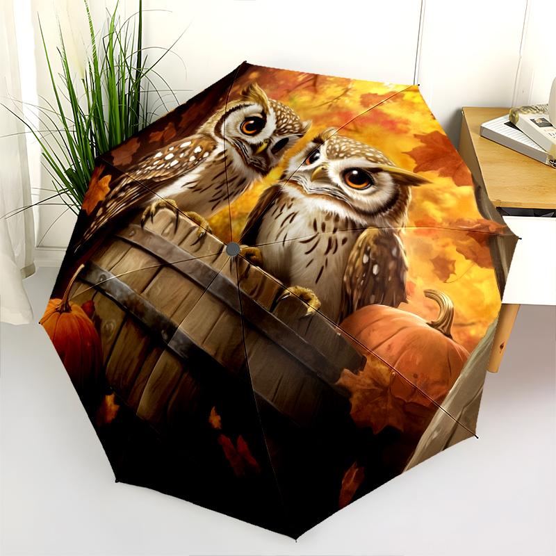 Owl and Leaf pattern, automatic folding umbrella, portable and foldable design, 8 ribs, a Christmas or birthday gift.