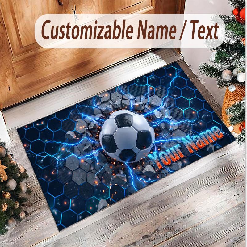Fußball-Thema Weicher Kristall-Samt Teppich Benutzerdefinierter Name & Text Druck Rutschfester Boden Teppich für Schlafzimmer Wohnzimmer