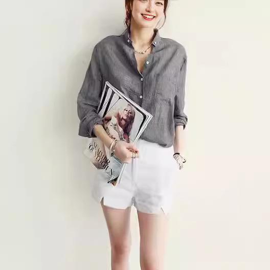POLO collar single-breasted multi-button spot new Korean version versatile college-style Harajuku shirt long-sleeved cotton and linen shirt women's