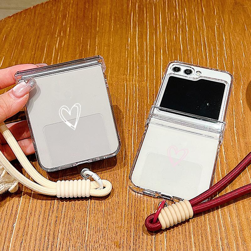 Liebesherz Muster Lanyard Handyhülle Für Samsung Galaxy Z Flip 7 FE 6 5 4 3 5G Faltbare PC Klare Hülle Für Samsung Z Flip7 Flip6