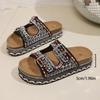 Summer New Thick-soled Hemp Rope Double-buckle Rhinestone Cork Beach Slippers Large Size Colored Women's Shoes