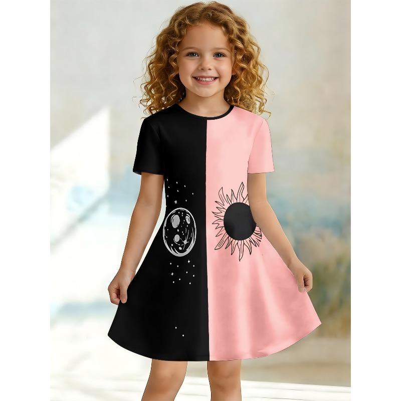 Cute Dress for Young Girls, Short Sleeved Round Neck Children's Party A-line Dress Suitable for Birthday Gifts