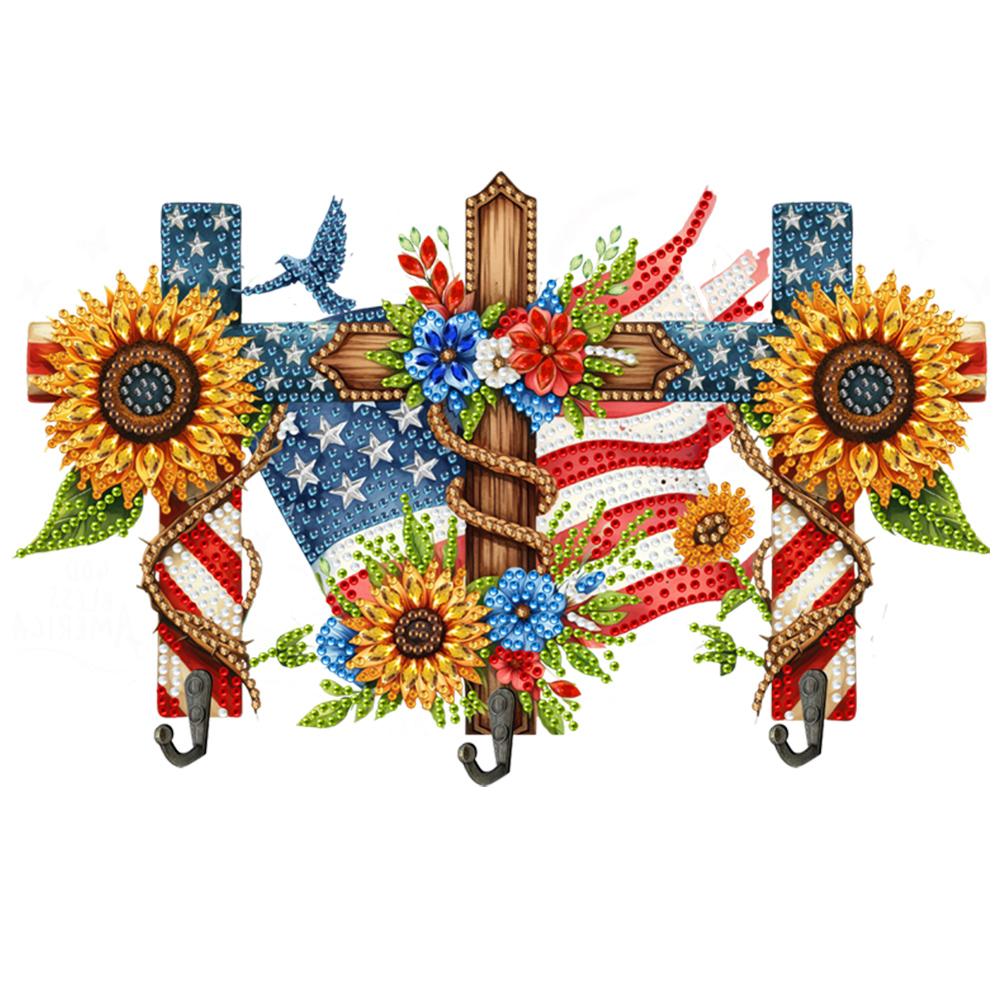Wooden Flag & Flower Diamond Art Hanging Hooks Rhinestone Painting Coat Hook 3 Hooks Diamond Painting Hook Rail DIY Crafts Decor