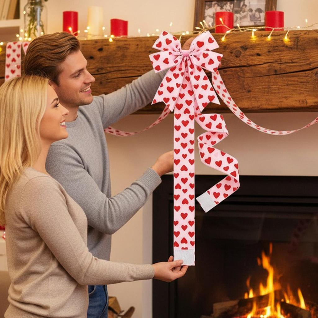 Large Red Hearts Cabinet Ribbons Ornaments Valentines Day Cabinet Ribbon Bows for Window Christmas Kitchen Door Wall Mirror
