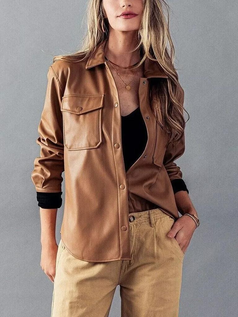 Casual Stylish Biker Tan Women's Shirt Genuine Lambskin Leather Handmade Soft