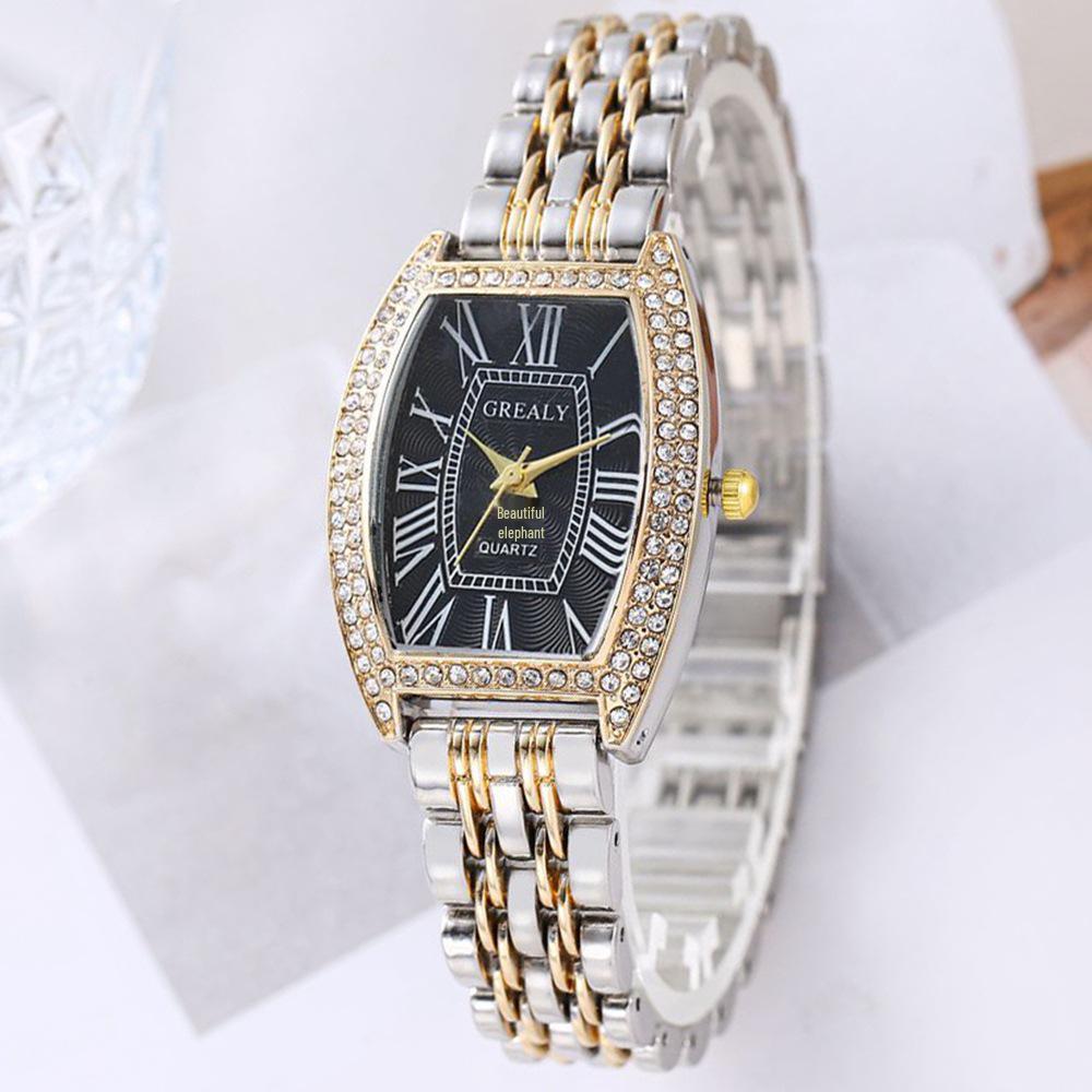 Luxus Damen-Armbanduhr mit Strass-Fass-Zifferblatt und römischen Ziffern - Modisch und lässig