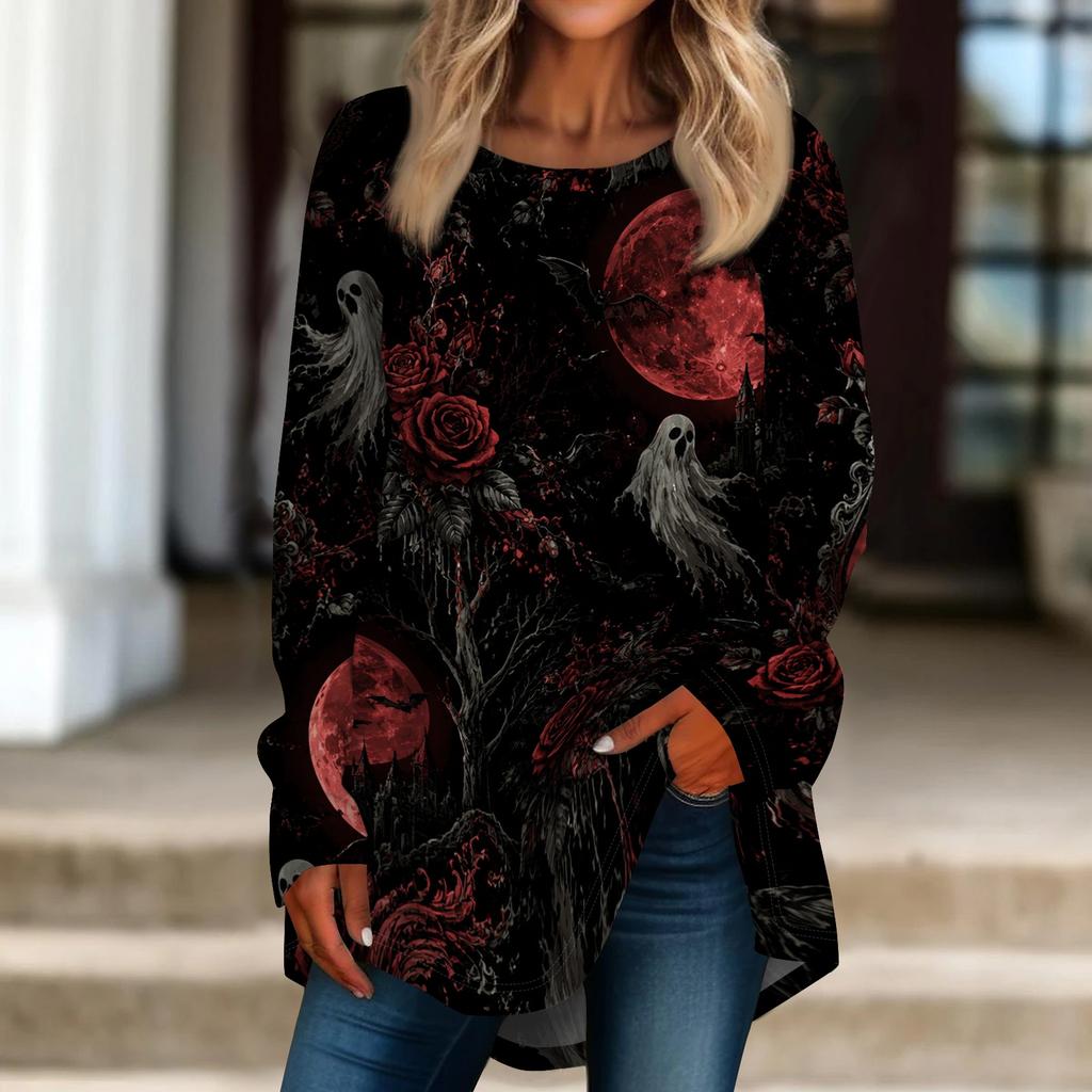 Women's Halloween Printed Pullover Top Loose Fit Neck Long Sleeve T-Shirt
