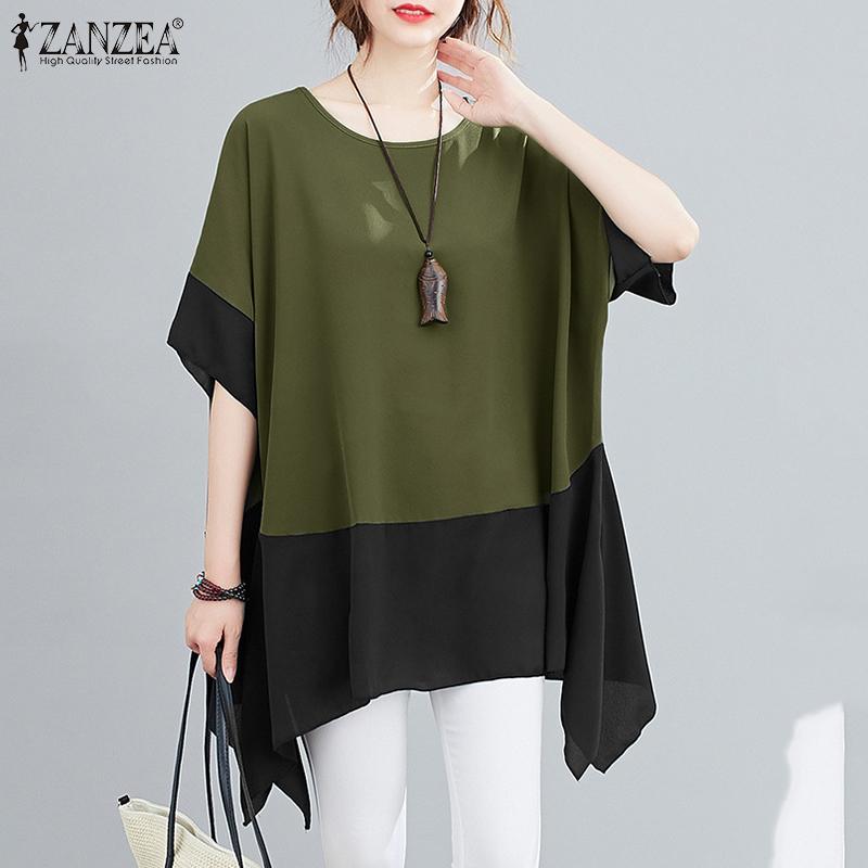 

ZANZEA Женская повседневная свободная летняя блузка с круглым вырезом и коротким рукавом нерегулярной формы