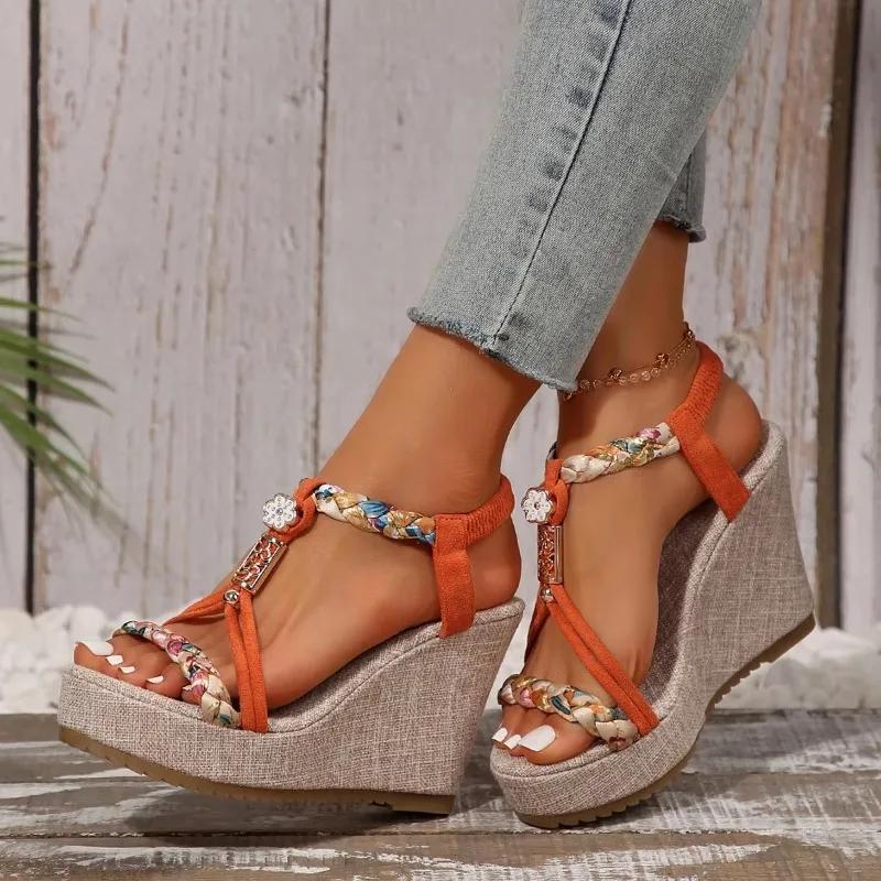 Fashion Sexy Peep Toe Rhinestones Weaving Wedge High Heeld Sandals Womens Boho Shoe Elasticity Back Strap Sandalias Plus Size 43