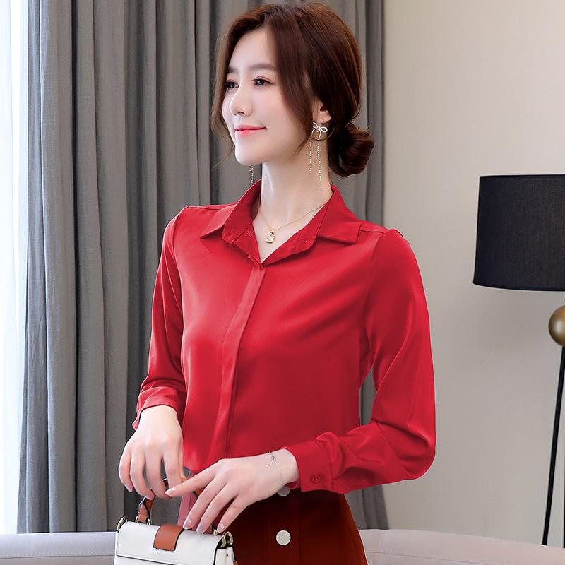 1111 Autumn New Satin Shirt Professional Long Sleeve Top Slim Bottom Lapel Solid Color Shirt Women's Lining