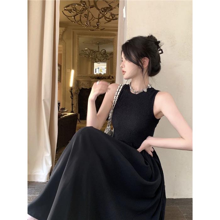 Women s French Retro Black Sleeveless Round Neck Knee-Length Hollow Backless Dress Large