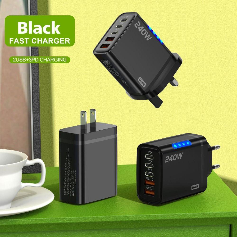 5 Ports Phone Charger Adapter With Light USB C Charger 240W Charger Plug for iPhone/Xiaomi/Samsung