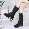 Medium Boots Women's 2 Autumn and Winter New Thick Heel Lace-up Short Boots Fashionable Side Zipper Round Head Martin Boots