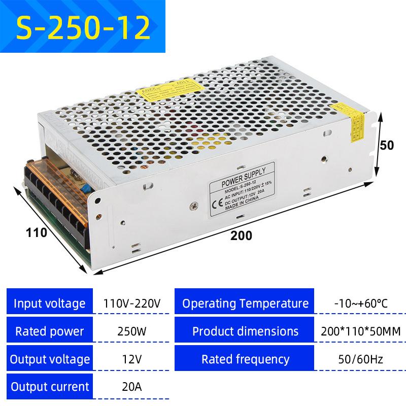 220V to 12V/24V/5V Switching Power Supply, 2A-20A High-Power Transformer for LED Strips & Monitoring Systems