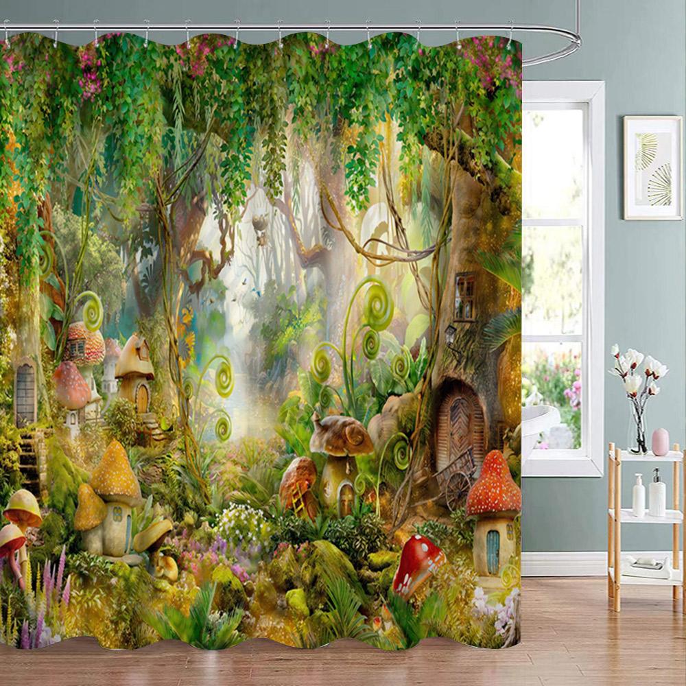 Fantasy Forest Shower Curtain Set Mystery Fairy Forest  Mushroom Flower Plant Home Bathroom Decor Curtains  Bath Accessory Set