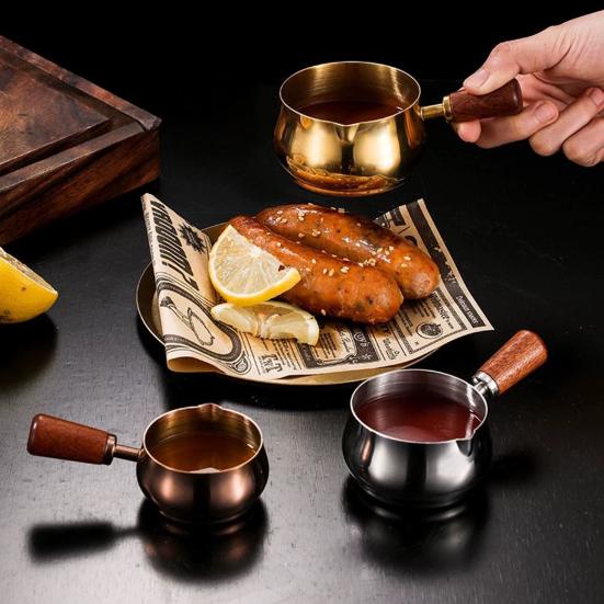 50/100/150ML Edelstahl Saucenschale mit Holzgriff V-förmige Öffnung Espressotasse Gewürze Salatdressings Dippschale