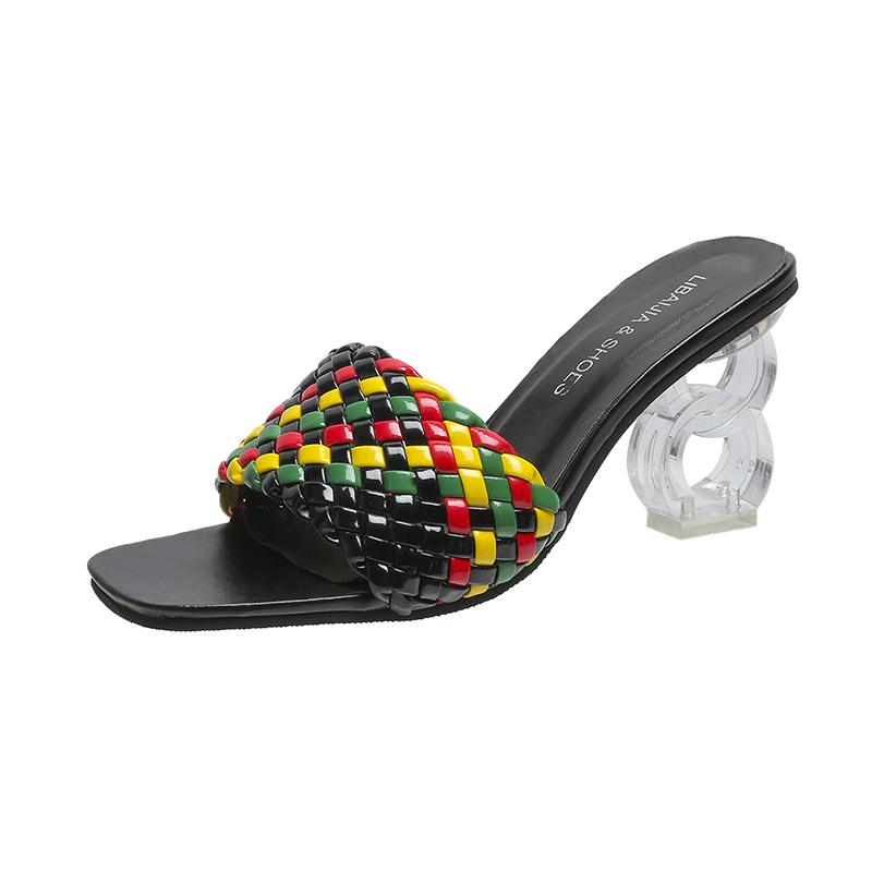 Plus Size Women's Woven Design High-heeled Slippers Summer New Thick Colorful Woven Anti-slip Fashion Open-toed Slippers.