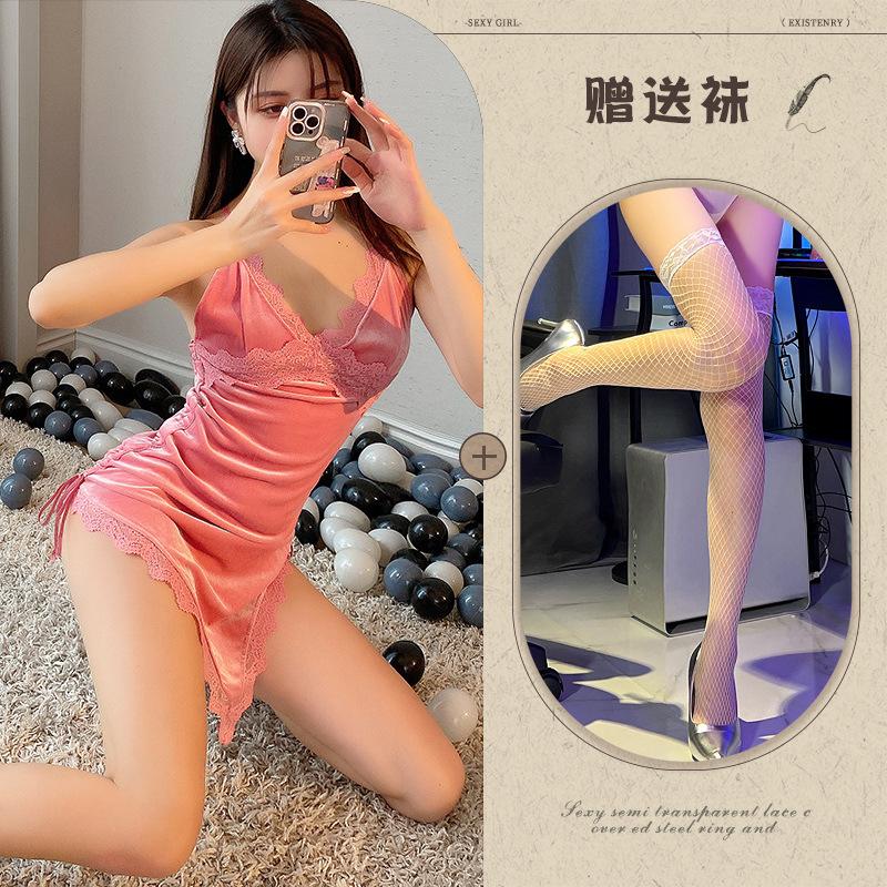 Night listening incense new sexy underwear velvet cross lace-up nightdress backless slit temptation pajamas passion loungewear