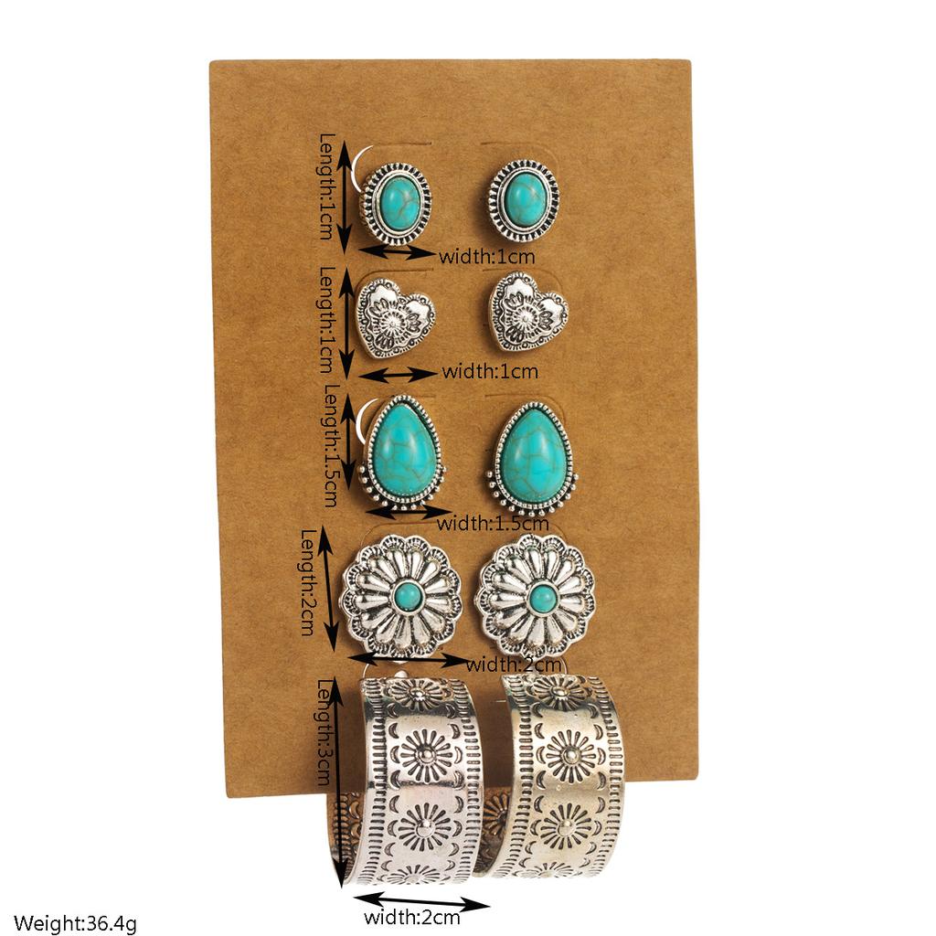 Simple Retro Green Turquoise Earrings - Set of Ethnic Style Flower Heart Geometric Ear Pendants In 5 Pairs