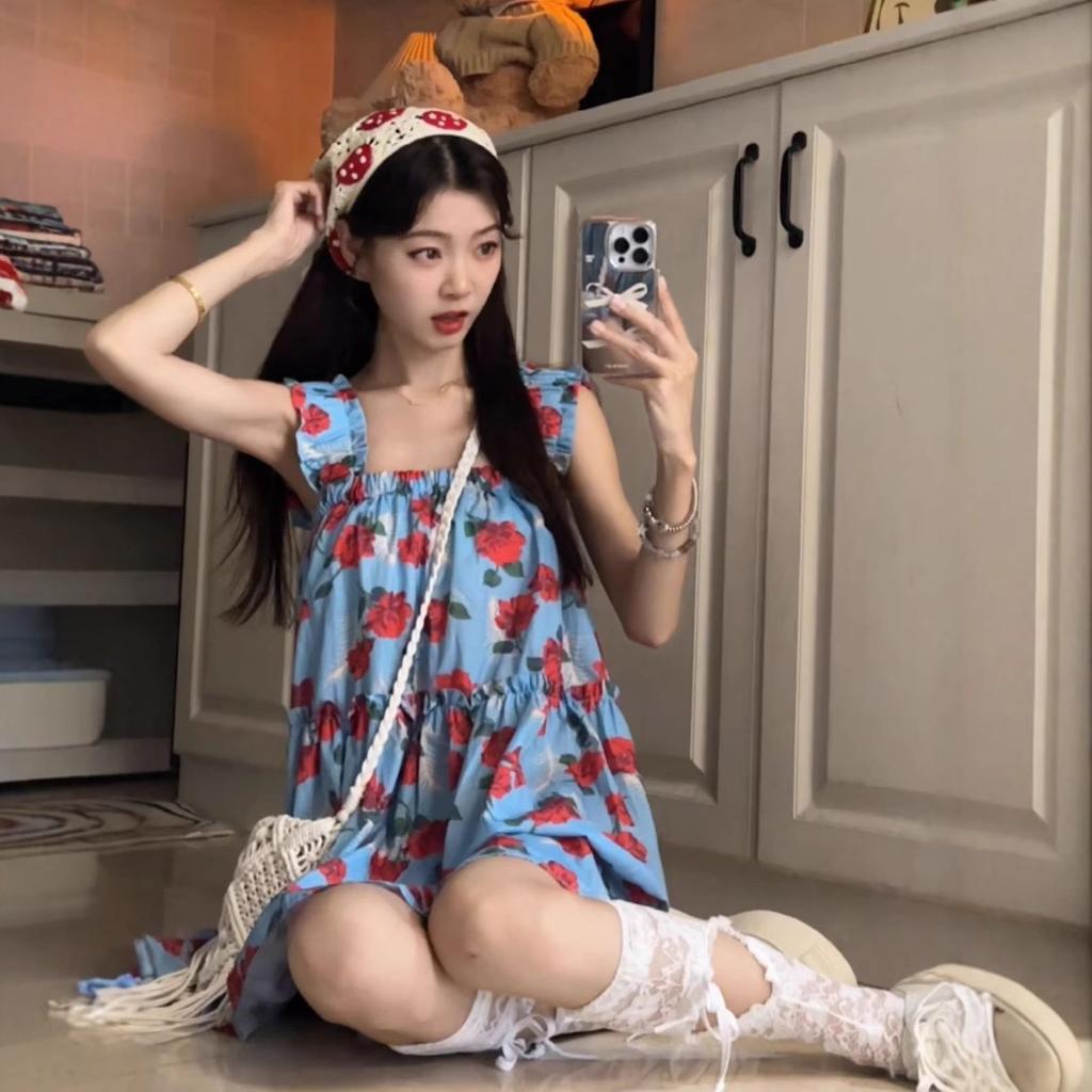 Retro fungus edge floral dress suspender dress women's summer loose and thin seaside vacation wind sweet short skirt