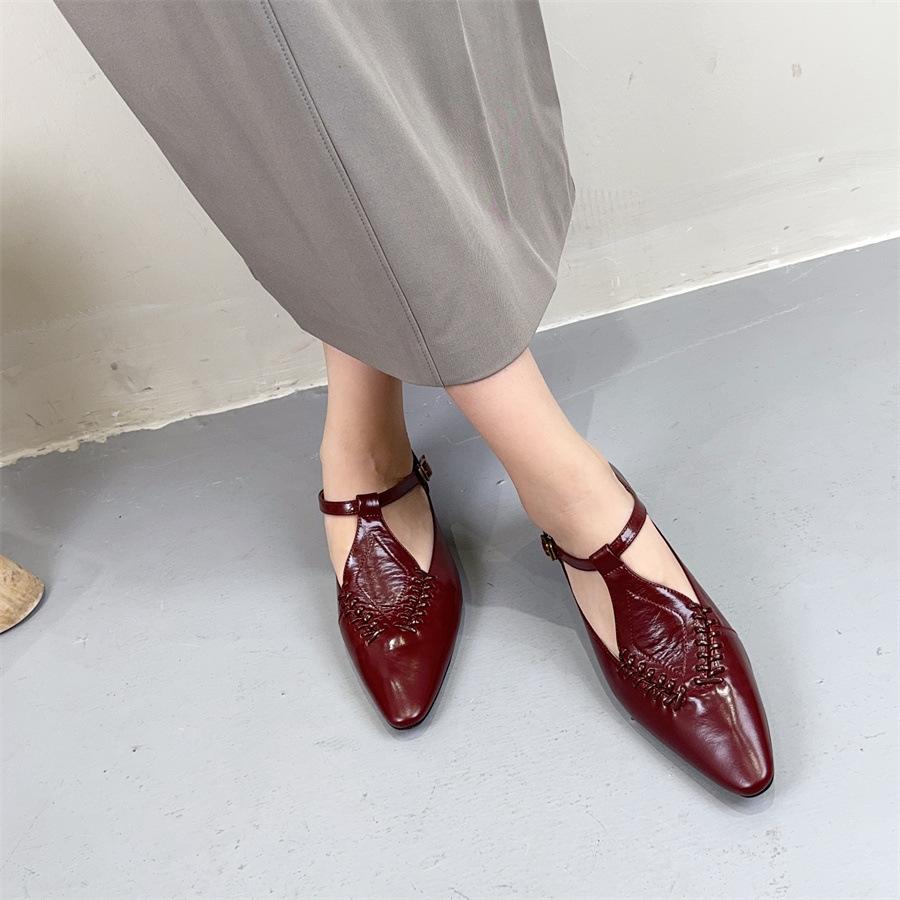 Johnature Genuine Leather Buckle Strap Women's Shoes French Style Versatile Temperament Pointed Flat Shoes