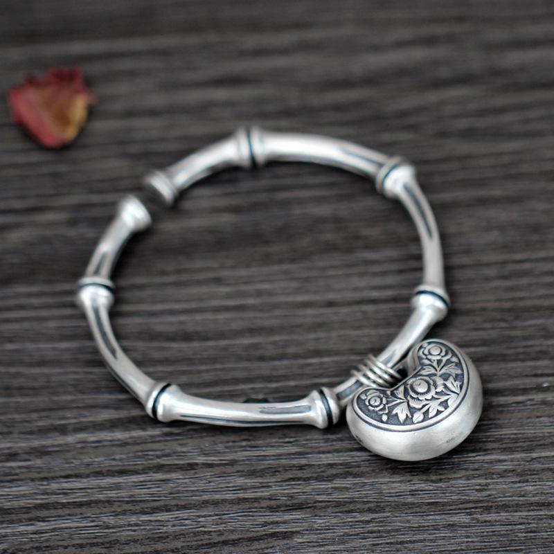99% Pure Silver Ruyi Lock Bamboo Joint Bracelet for Women, Ethnic Retro, Open Bangle