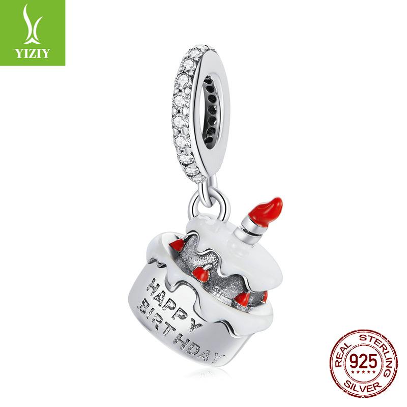 

S925 Silver Birthday Cake Bracelet Pendant, Happy Dessert Diy Bead Accessories Scc1848
