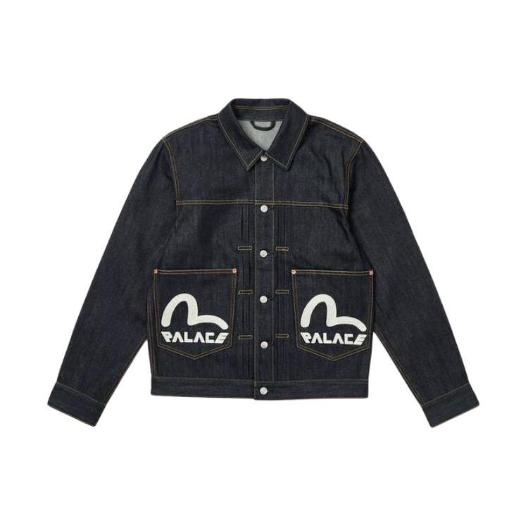 Palace X Evisu Co-Branded Logo Letter Denim Jacket With Turn-Down Collar And Single-Breasted Closure Unisex Outerwear Denim-Blue 2ESPAM4DJ1147XXDNINDX