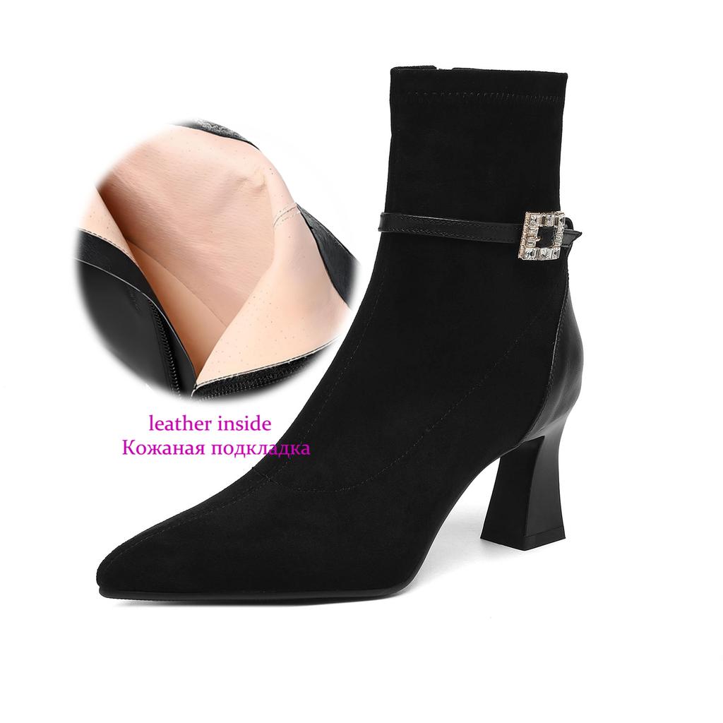 Krazing Pot Flock Pointed Toe Thin High Heels Modern Boots Size 42 Zip Plus Size Crystal Buckle Women Elastic Ankle Boots